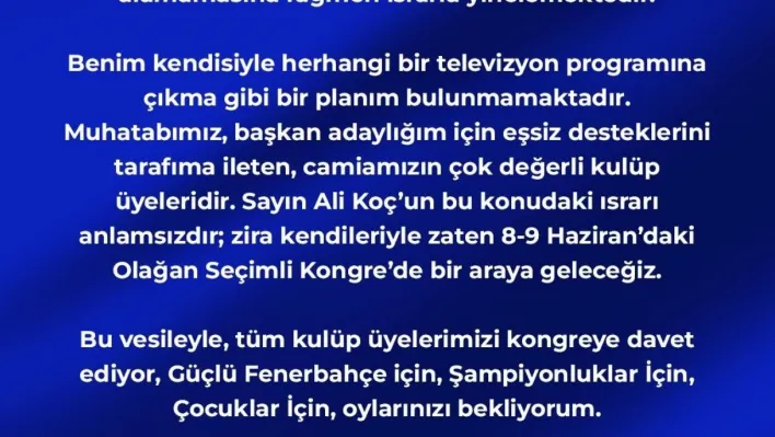 Aziz Yıldırım, Ali Koç'un televizyon programına çıkma teklifini reddetti