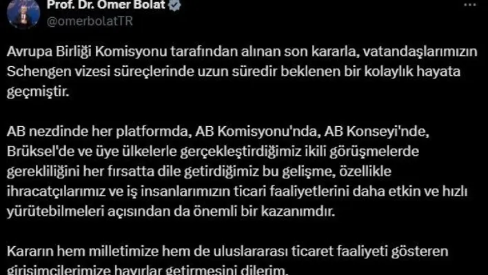 Bakan Bolat: 'Schengen vizesi süreçlerinde uzun süredir beklenen bir kolaylık hayata geçmiştir'