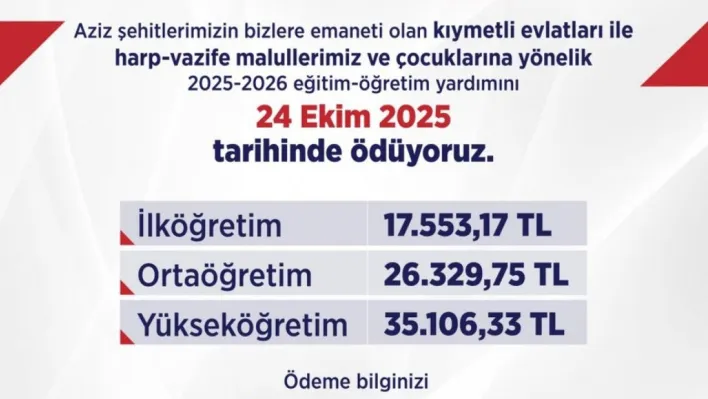 Bakan Işıkhan: 'Şehitlerimizin bizlere emaneti evlatlarımıza, eğitim-öğretim yardımını 24 Ekim Cuma günü ödüyoruz'