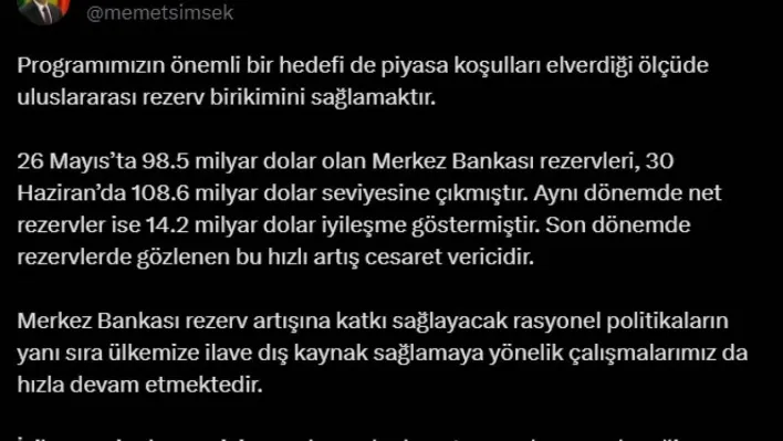 Bakan Şimşek: 'Bir aylık dönemde Merkez Bankası rezervleri 10 milyar dolar arttı'
