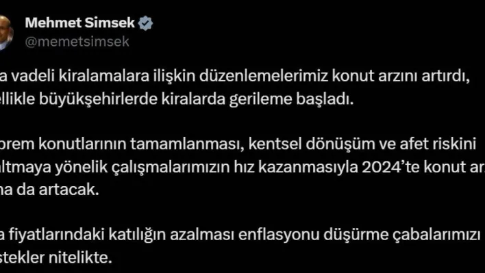 Bakan Şimşek: 'Kira fiyatlarının azalması enflasyonu düşürme çabalarımızı destekliyor'