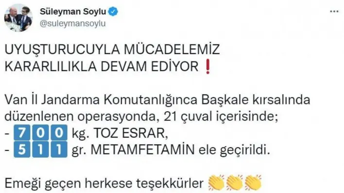 Bakan Soylu duyurdu: Van'da 700 kiloyu aşkın uyuşturucu ele geçirildi