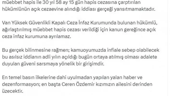 Bakan Tunç: 'Ceren Özdemir'i vahşice öldüren ve müebbet hapisle cezalandırılan hükümlünün açık cezaevine alındığı iddiası gerçeği yansıtmamaktadır'