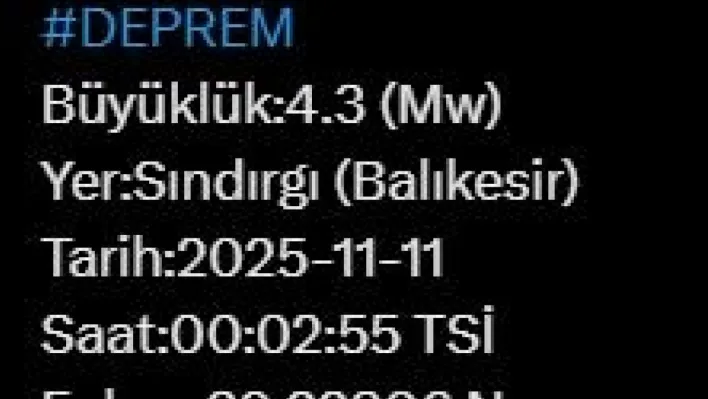 Balıkesir'de 4.3 büyüklüğünde deprem