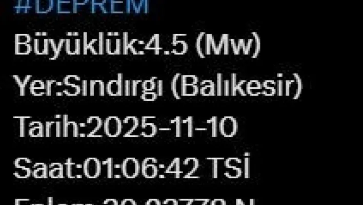 Balıkesir'de 4.5 büyüklüğünde deprem