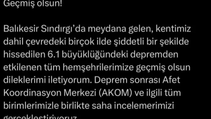 Başkan Bozbey'den deprem mesajı: 'Temennimiz, herhangi bir olumsuzluğun yaşanmamış olması'