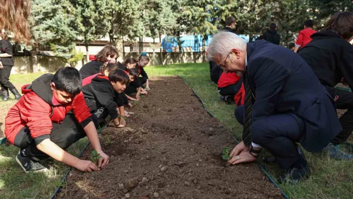 Başkan Erdem öğrencilerle çilek ve marul fidesi dikti