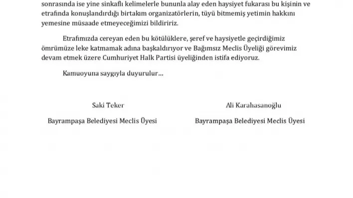 Bayrampaşa Belediyesi'ndeki iki üye CHP'den istifa etti