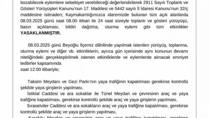 Beyoğlu Kaymakamlığı'ndan 8 Mart kararı: '24 saat süreyle gösteri yürüyüşü gibi tüm etkinlikler yasaklanmıştır'