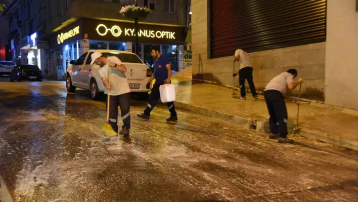 Bilecik'te cadde ve sokakları yıkadı, çöp konteynerlerini dezenfekte etti