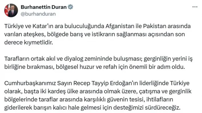 Burhanettin Duran'dan Afganistan-Pakistan ateşkesi açıklaması
