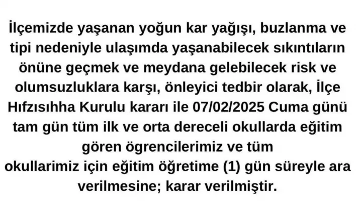 Bursa'da bazı ilçelerde eğitime 1 gün ara verildi