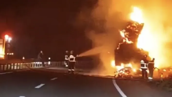 Çanakkale'de saman yüklü tır yandı