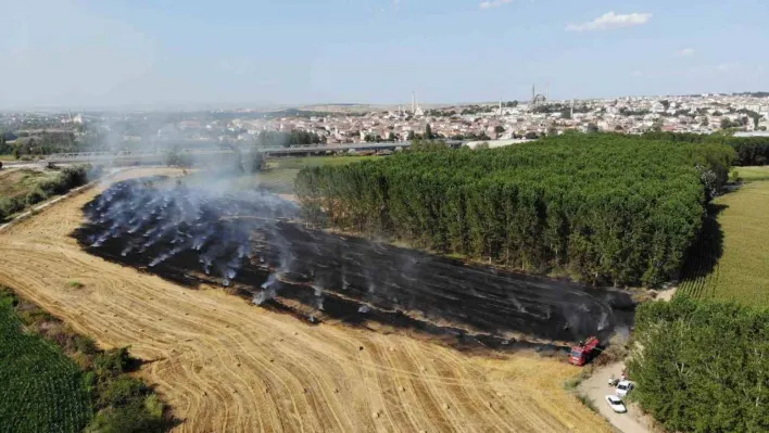 Edirne'de tarlada çıkan yangında 250 saman balyası küle döndü