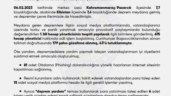 EGM: 'Sosyal medyada depreme ilişkin provokatif paylaşımlarda bulunan 43 kişi tutuklandı'