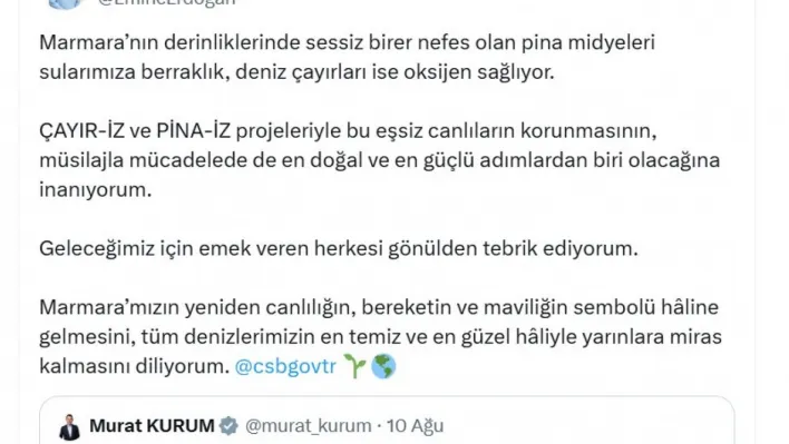 Emine Erdoğan'dan Marmara Denizi'nde başlatılan pina midyeleri ve deniz çayırları projesine ilişkin paylaşım: