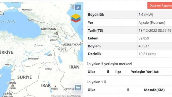 Erzurum'da 3.9 büyüklüğünde deprem