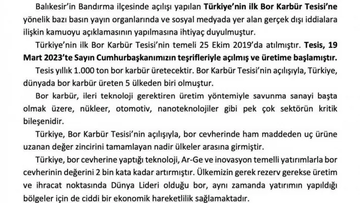 Eti Maden: 'Bor Karbür Tesisinde üretim yok iddiası doğru değildir'