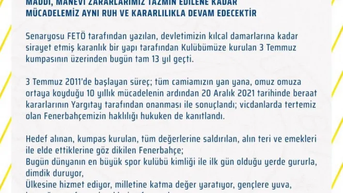 Fenerbahçe'den 3 Temmuz açıklaması