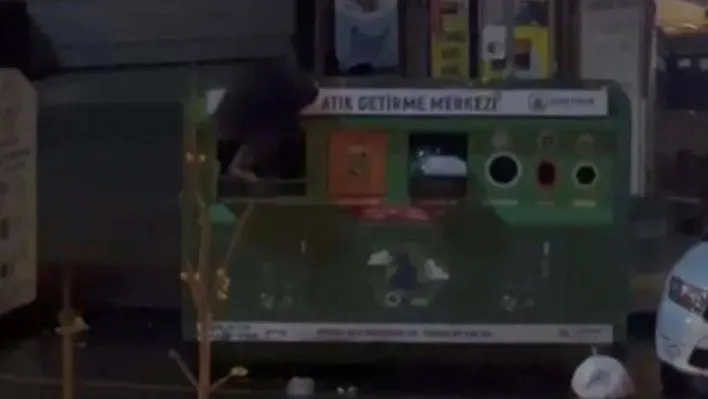 Geri dönüşüm kutusuna girerek atıkları böyle çaldı