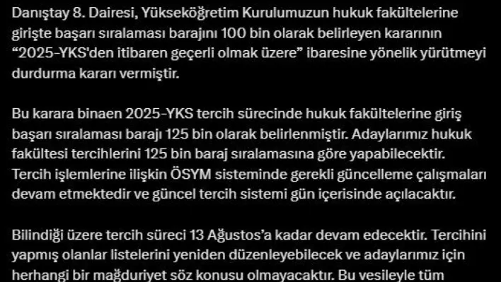 Hukuk fakültelerine girişte 100 bin barajı 125 bine yükseldi