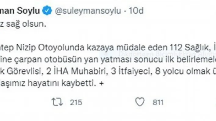 İçişleri Bakanı Soylu: '(Gaziantep'teki kaza) Toplam 15 vatandaşımız hayatını kaybetti'