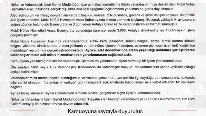 İçişleri Bakanlığı'ndan Mobil Nüfus Hizmetleri Aracı hakkında çıkan iddialara yalanlama