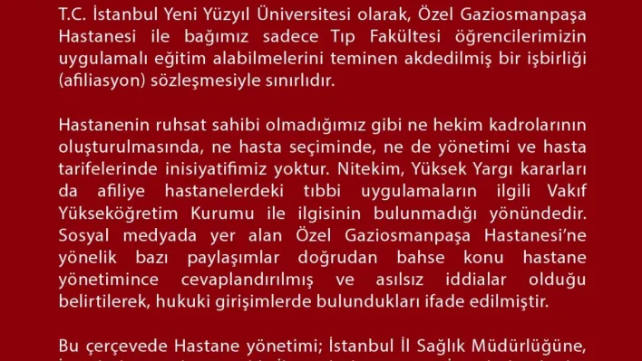 İstanbul Yeni Yüzyıl Üniversitesinden sosyal medyadaki iddialarla ilgili açıklama