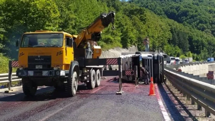 Kiraz yüklü kamyon devrildi, tonlarca meyve yola saçıldı
