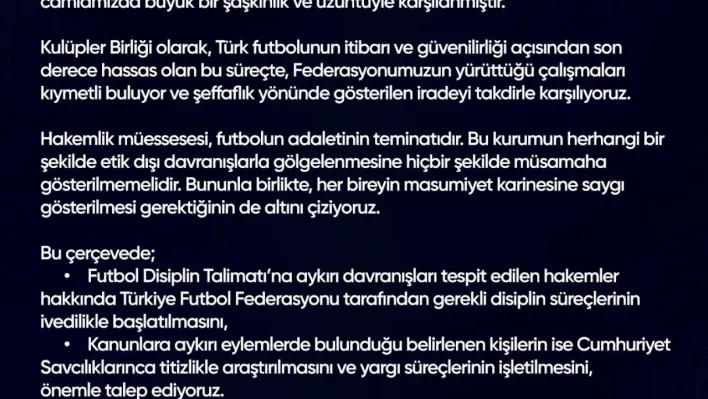 Kulüpler Birliği'nden TFF'ye destek