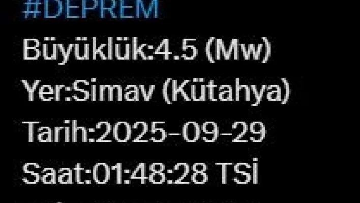 Kütahya'da 4.5 büyüklüğünde deprem