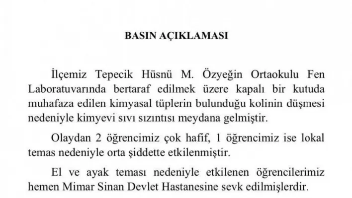 Laboratuvarda kırılan deney tüpü nedeniyle yaralanan 3 öğrenci hakkında açıklama