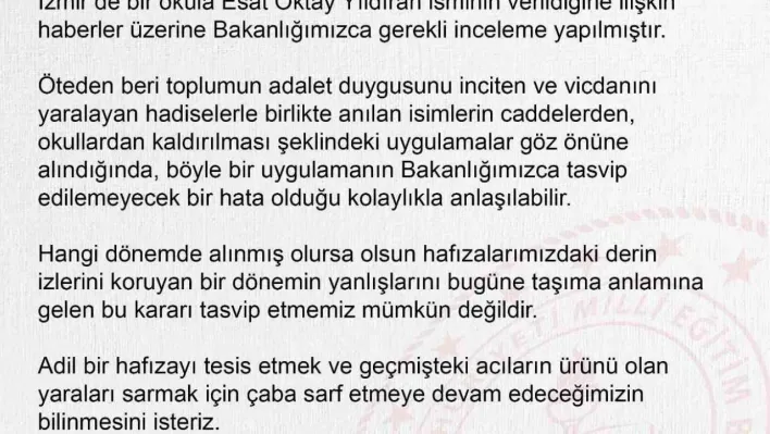 MEB'den bir okula ismi verilen Esat Oktay Yıldıran açıklaması: İnceleme başlatıldı