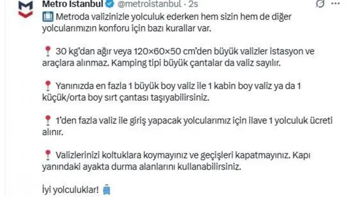 Metro İstanbul'da 'valiz için ek ücret' dönemi