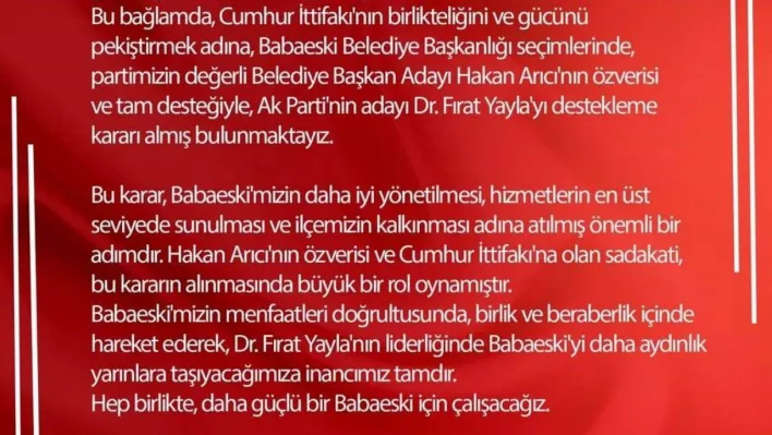 MHP Babaeski'de adayını geri çekti, AK Parti'yi destekleyecek