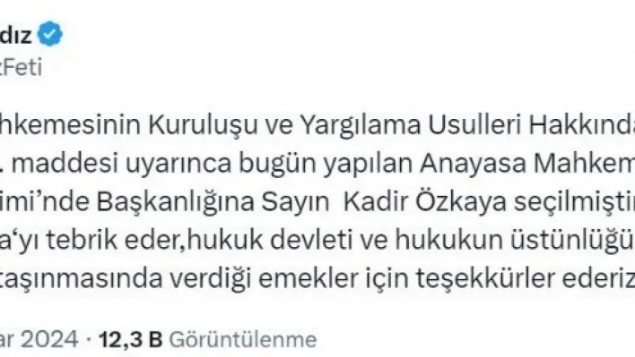 MHP Genel Başkan Yardımcısı Yıldız'dan AYM Başkanı Özkaya'ya tebrik