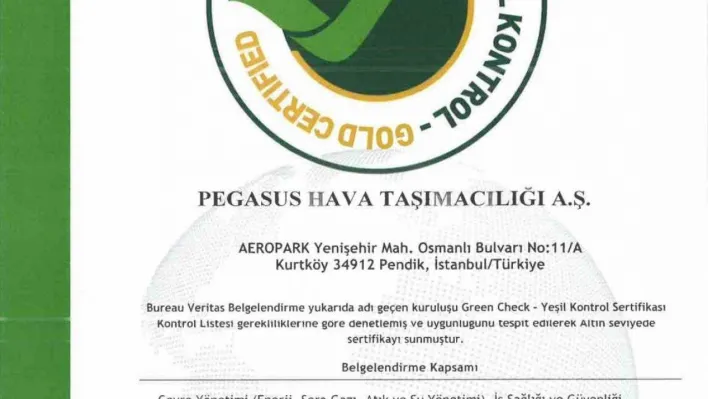 Pegasus, 'Green Check-Yeşil Kontrol Belgesi'ni alan ilk hava yolu şirketi olduğunu duyurdu