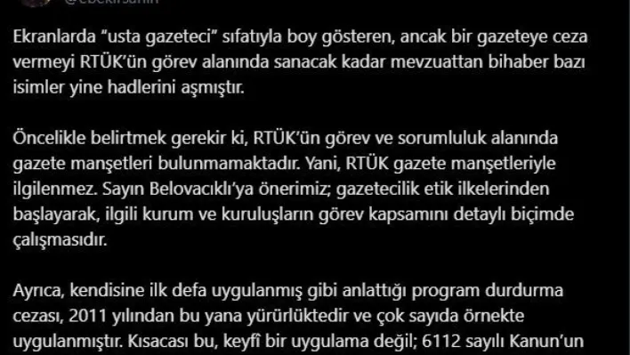 RTÜK Başkanı Şahin: 'RTÜK gazete manşetleriyle ilgilenmez'