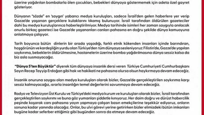 RTÜK Başkanı Şahin: 'RTÜK ve medya kuruluşlarımız olarak Filistin'in yanında, İsrail'in katliamlarının ve savaş suçlarının karşısındayız'