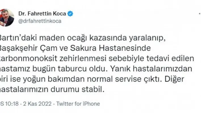 Sağlık Bakanı Koca: 'Başakşehir Çam ve Sakura Hastanesi'nde tedavi edilen hastamız taburcu oldu'