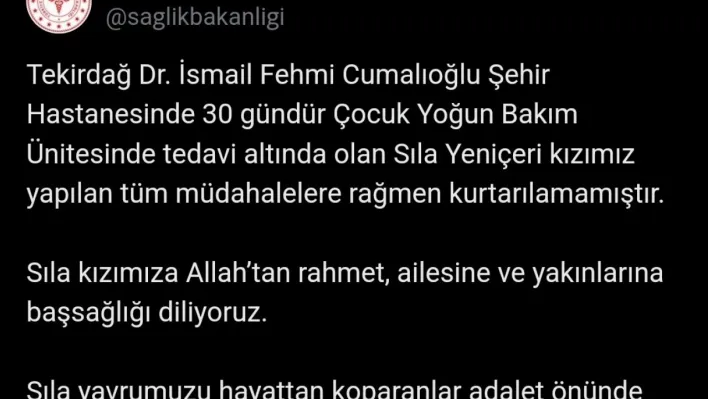 Sağlık Bakanlığı: 'Sıla yavrumuzu hayattan koparanlar adalet önünde mutlaka hesap verecektir'