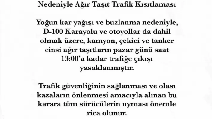 Sakarya'da ağır taşıt cinsi araçların otoyol ve D-100'e çıkışı yasaklandı