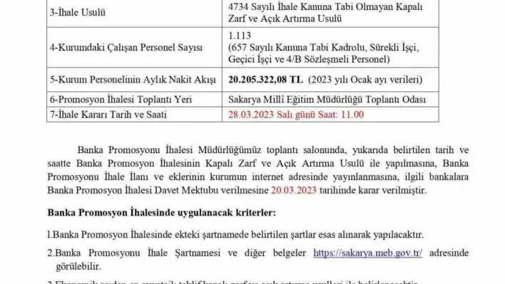 Sakarya İl Milli Eğitim, bin 113 personeli için banka promosyonu ihalesine çıkıyor