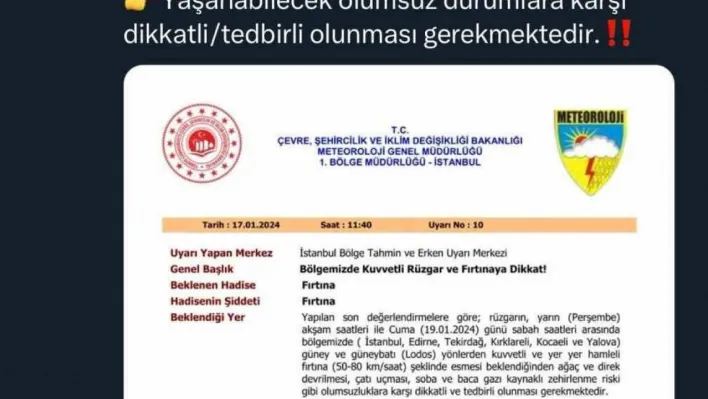 Sakarya Valiliği fırtına için uyardı