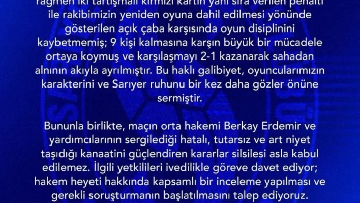 Sarıyer'den, Vanspor maçının hakem heyeti hakkında soruşturma talebi