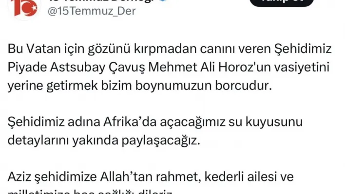 Şehit Astsubay Mehmet Ali Horoz'un vasiyeti yerine getirilecek