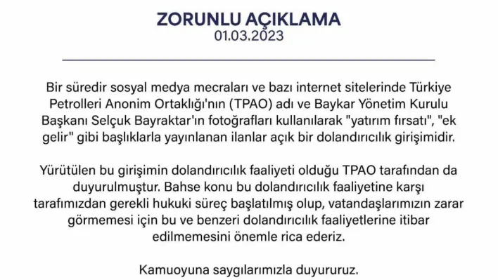 Selçuk Bayraktar'ın fotoğrafları kullanılarak ilan verilmesine ilişkin Baykar'dan açıklama