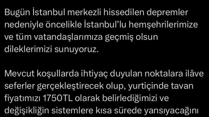 THY'den deprem sonrası bilet düzenlemesi