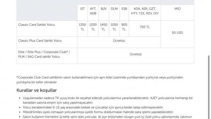 THY, özel yolcu salonları ücretine yüzde 50 zam yaptı