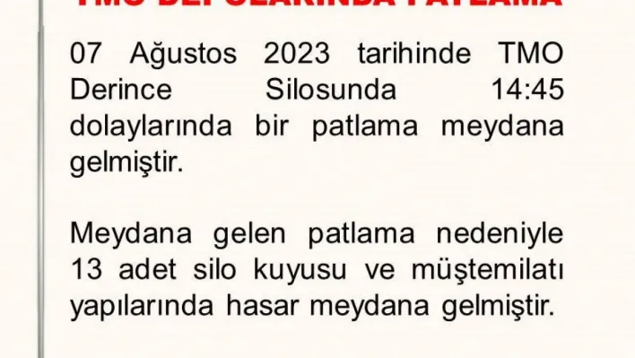 TMO: 'Patlamanın toz sıkışması nedeniyle olabileceği değerlendirilmekte olup, detaylı teknik inceleme sonucunda sebebi netleşecektir'